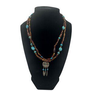 Multi-Layered Wooden & Turquoise Beaded Necklace W/ Silver Tone Pendant